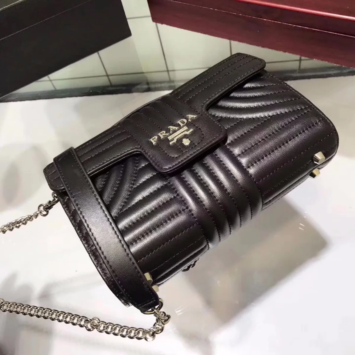Prada Diagramme Big Leather Handbag with Top Handle in Black