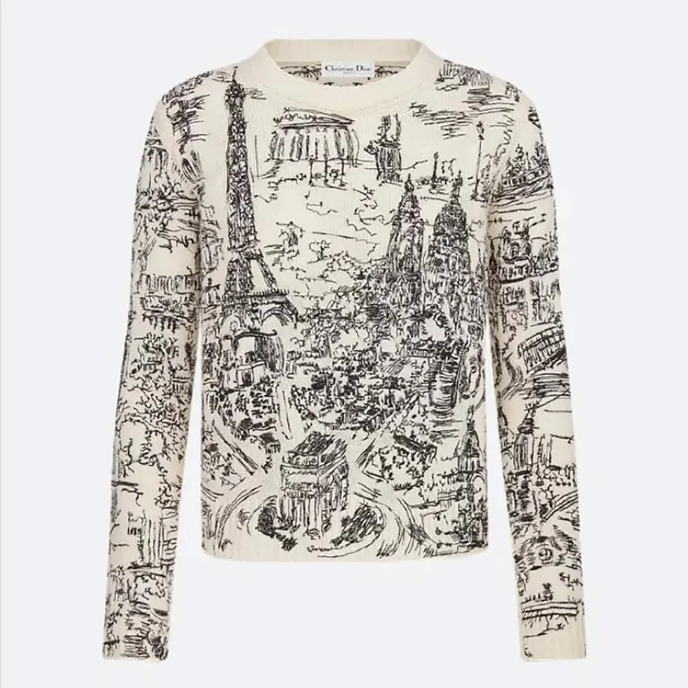 Dior Embroidered Sweater White and Black Cashmere Knit with Paris Allover Motif for Women