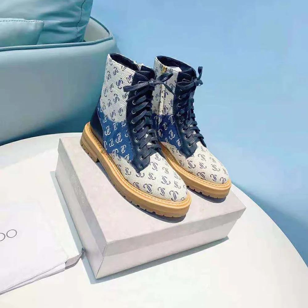 Jimmy Choo Cora Flat Sand Dune JC Monogram Jacquard and Leather Mix Combat Boots for Women