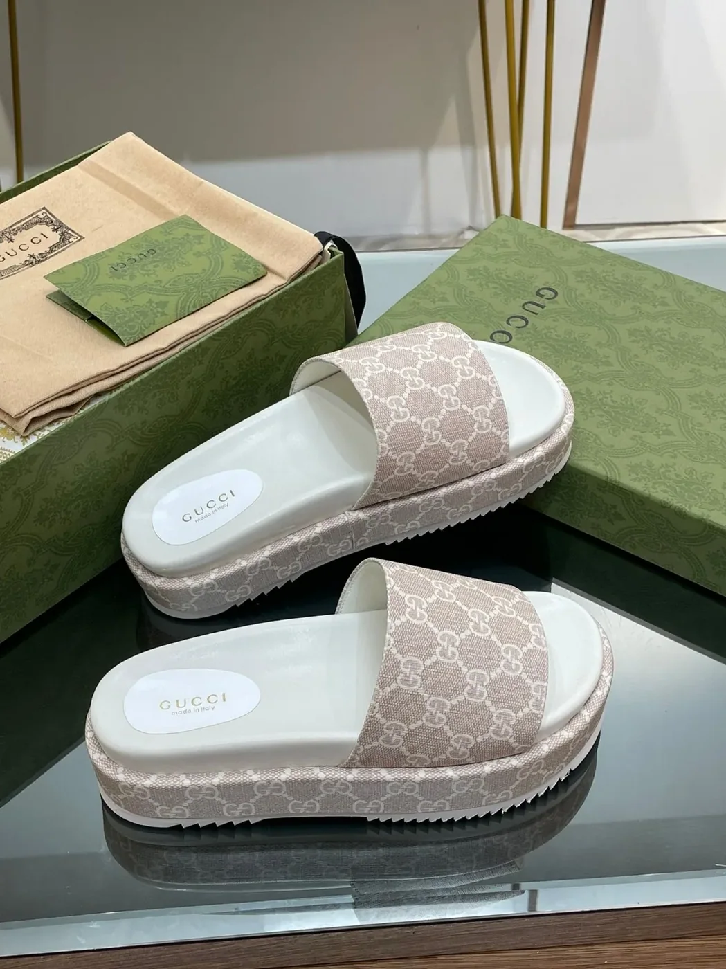 Gucci Jumbo Gg Platform Slide Sandal Light Green