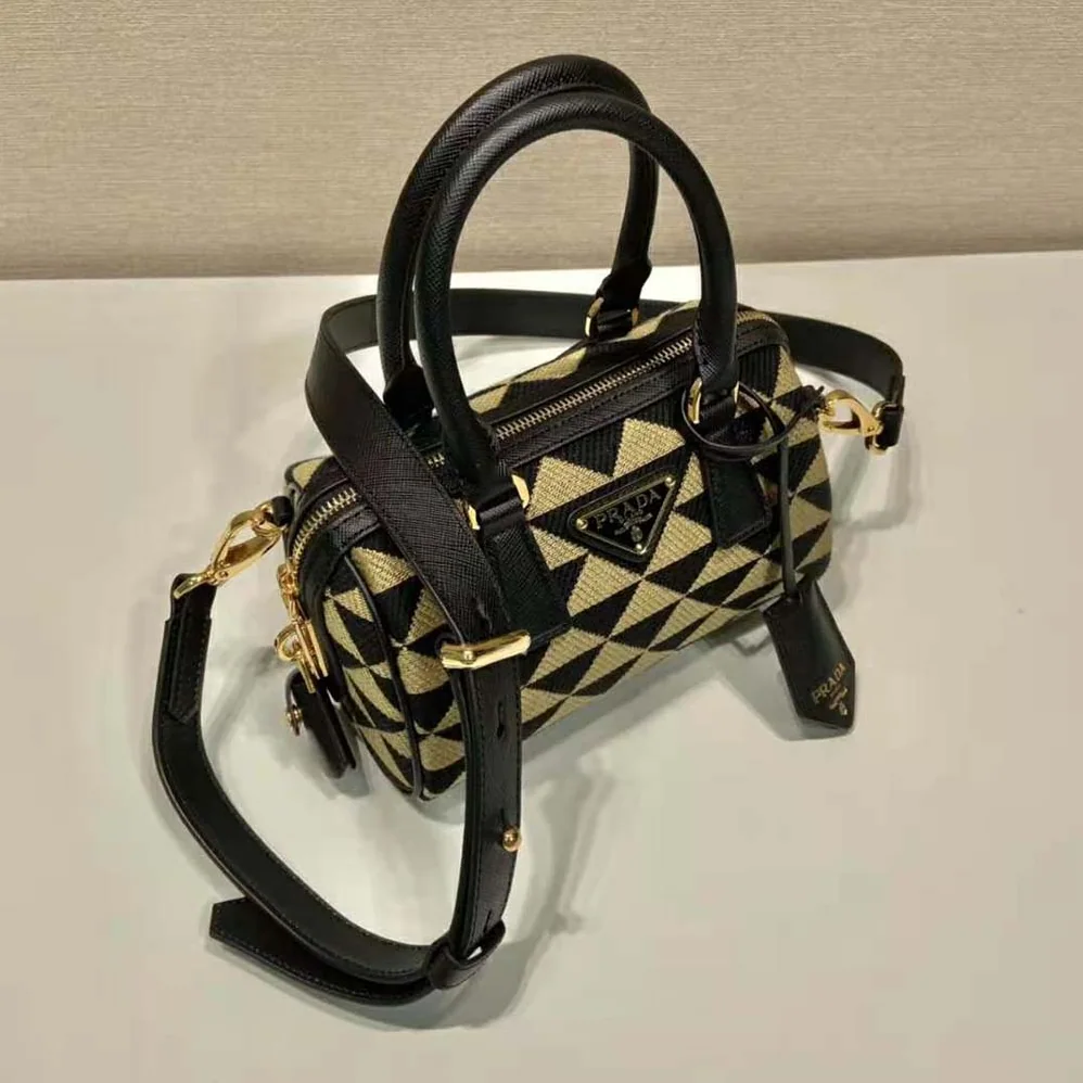 Prada Symbole Embroidered Jacquard Fabric Top-Handle Bag for Women in Black