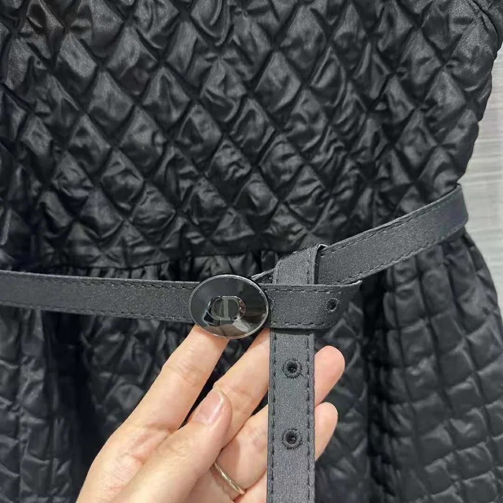 Dior Mid-Length Belted Dress Black Matte Cloqué Technical Fabric for Women