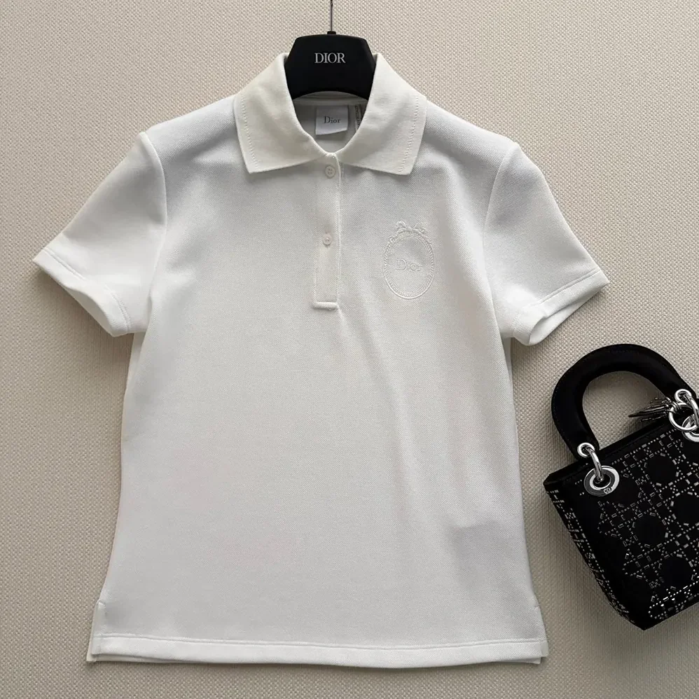Dior Médaillon Embroidered Polo Shirt White Cotton-Blend Piqué for Women Dior Médaillon Embroidered Polo Shirt White Cotton-Blend Piqué for Women