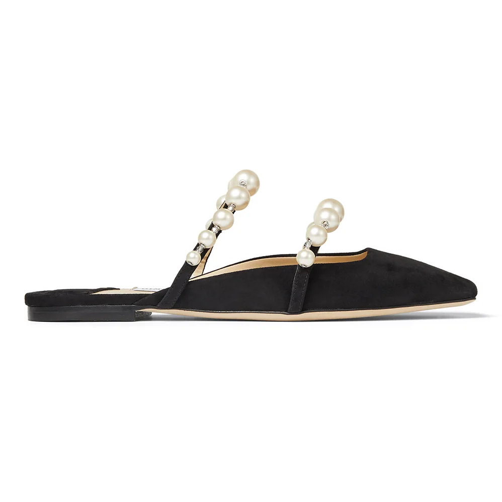Jimmy Choo Alaina Flat Black Suede Flats with Pearl Embellishment for Women Jimmy Choo Alaina Flat Black Suede Flats with Pearl Embellishment for Women