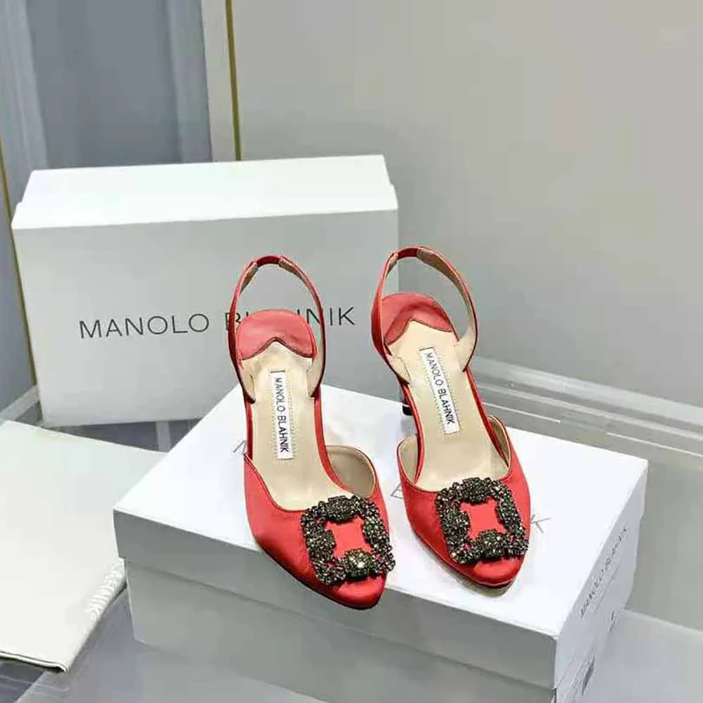 Manolo Blahnik Red Satin Jewel Buckle Slingback Pumps for Women Manolo Blahnik Red Satin Jewel Buckle Slingback Pumps for Women