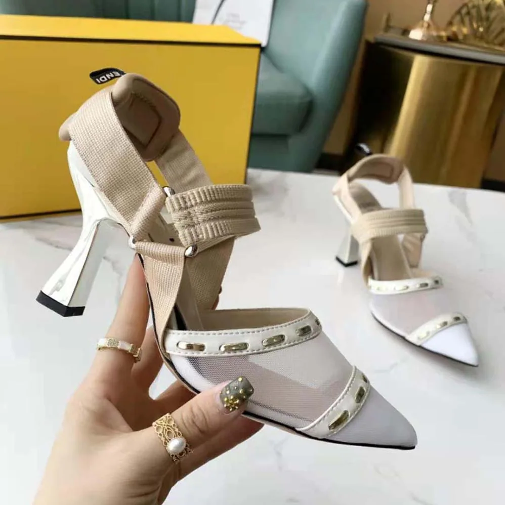 Fendi Colibri Pink Mesh High-Heel Slingbacks with Metal Stitches for Women Fendi Colibri Pink Mesh High-Heel Slingbacks with Metal Stitches for Women