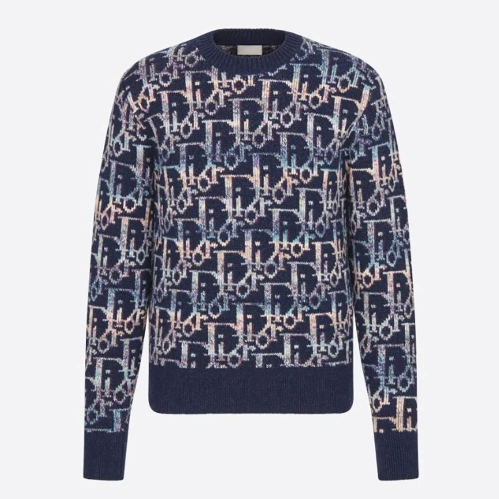 Dior Oblique Sweater Navy Blue Wool Jacquard for Men