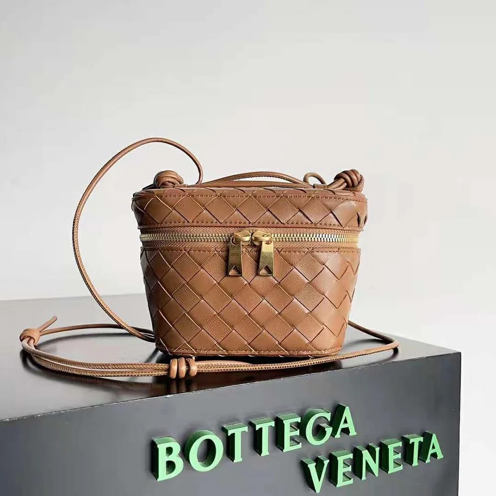 Bottega Veneta Mini Intrecciato Leather Vanity Case with Cross-Body Strap for Women in Brown