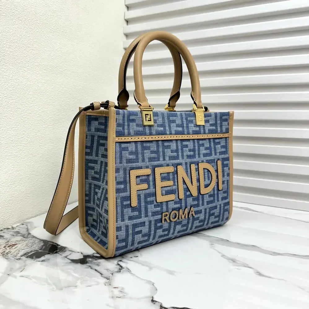 Fendi Sunshine Small Light Blue FF Denim Fabric Shopper for Women Fendi Sunshine Small Light Blue FF Denim Fabric Shopper for Women