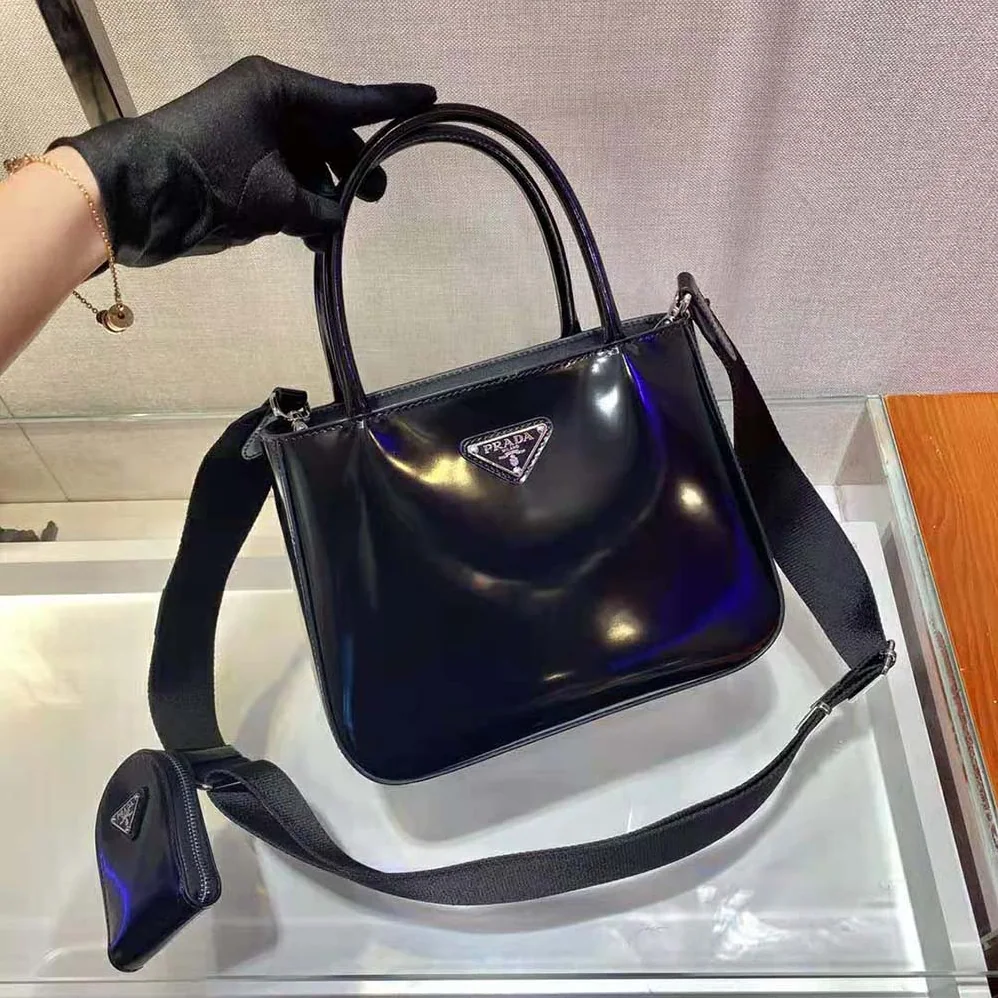 Prada Brushed Leather Handbag Nylon Lining for Women in Black
