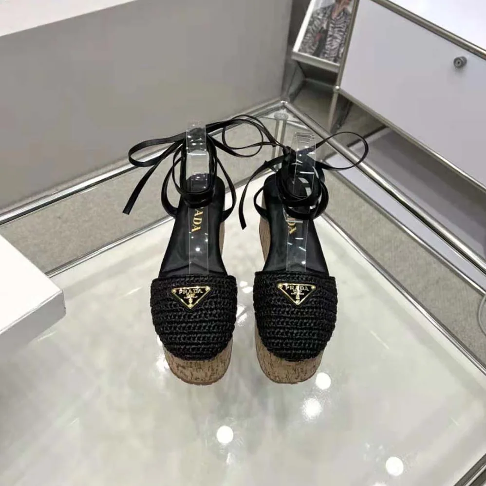 Prada Crochet Wedge Sandals with Enameled Metal Triangle Logo for Women in Black