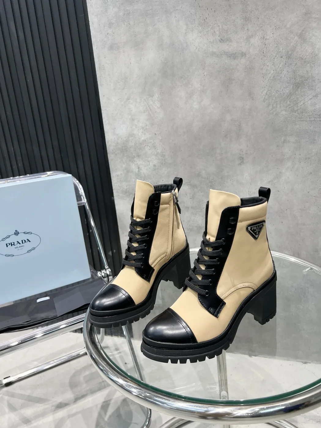 Prada Tronchetti Lace in Up Boots Beige PRD