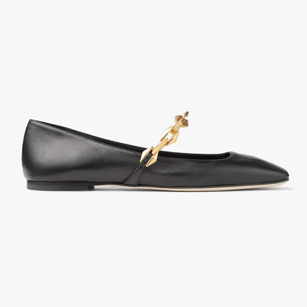 Jimmy Choo Diamond Tilda Flat Black Nappa Leather Flats with Chain for Women in Black Jimmy Choo Diamond Tilda Flat Black Nappa Leather Flats with Chain for Women in Black