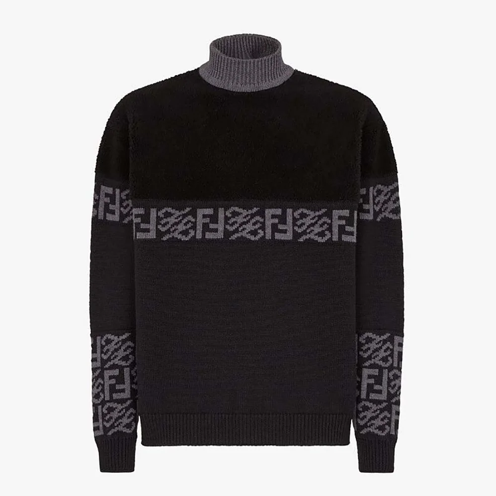 Fendi Black wool Sweater with High Collar and Long Sleeves for Men