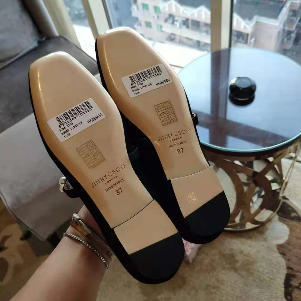 Jimmy Choo Ade Flat Ballet Black Suede Flats with Pearl Embellishment for Women