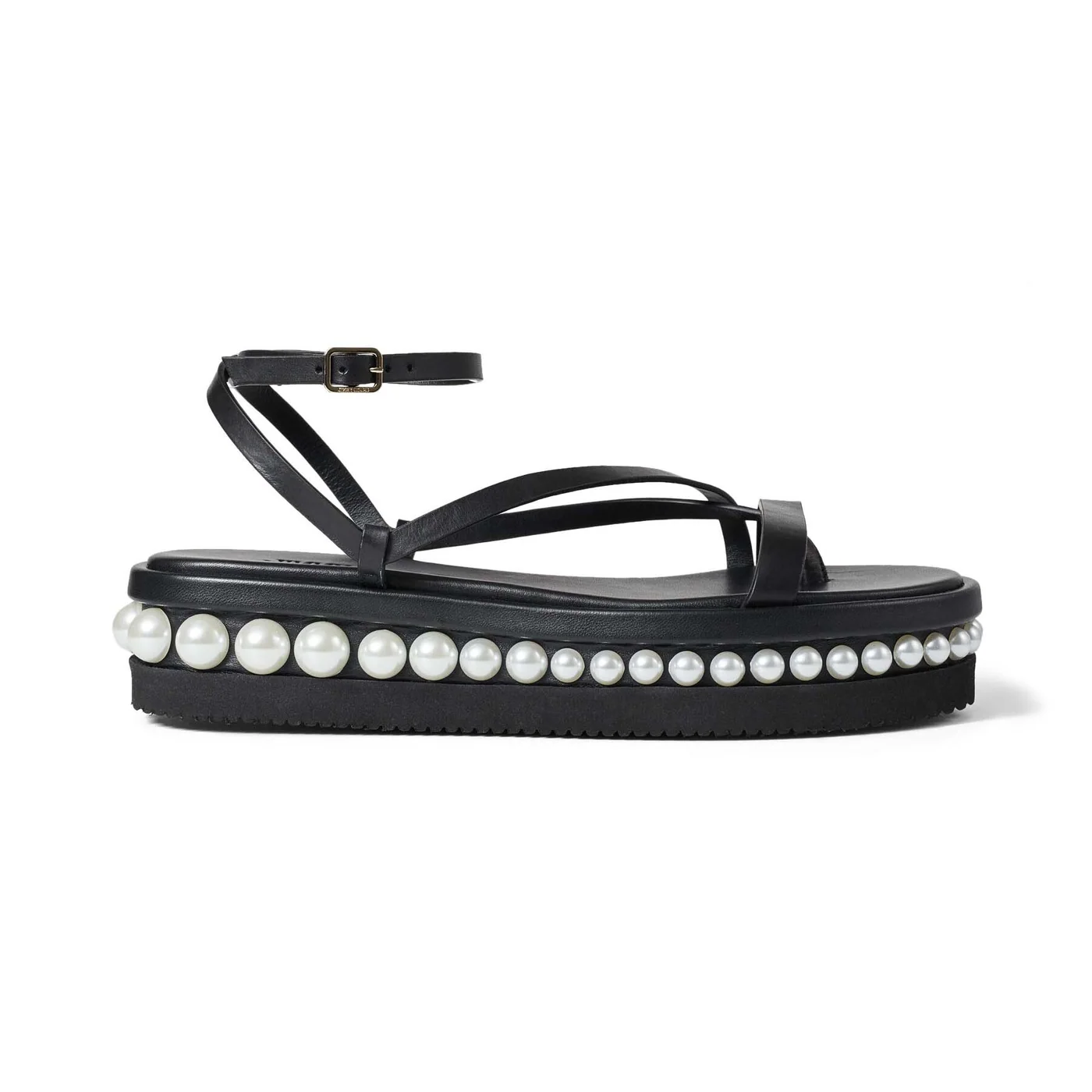 Jimmy Choo Pine Flat Black Vachetta Leather Platform Sandals with Pearl Embellishment for Women
