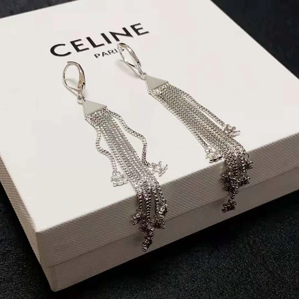 Celine Triomphe Folk Fringe Earrings in Brass with Rhodium Finish for Women Celine Triomphe Folk Fringe Earrings in Brass with Rhodium Finish for Women