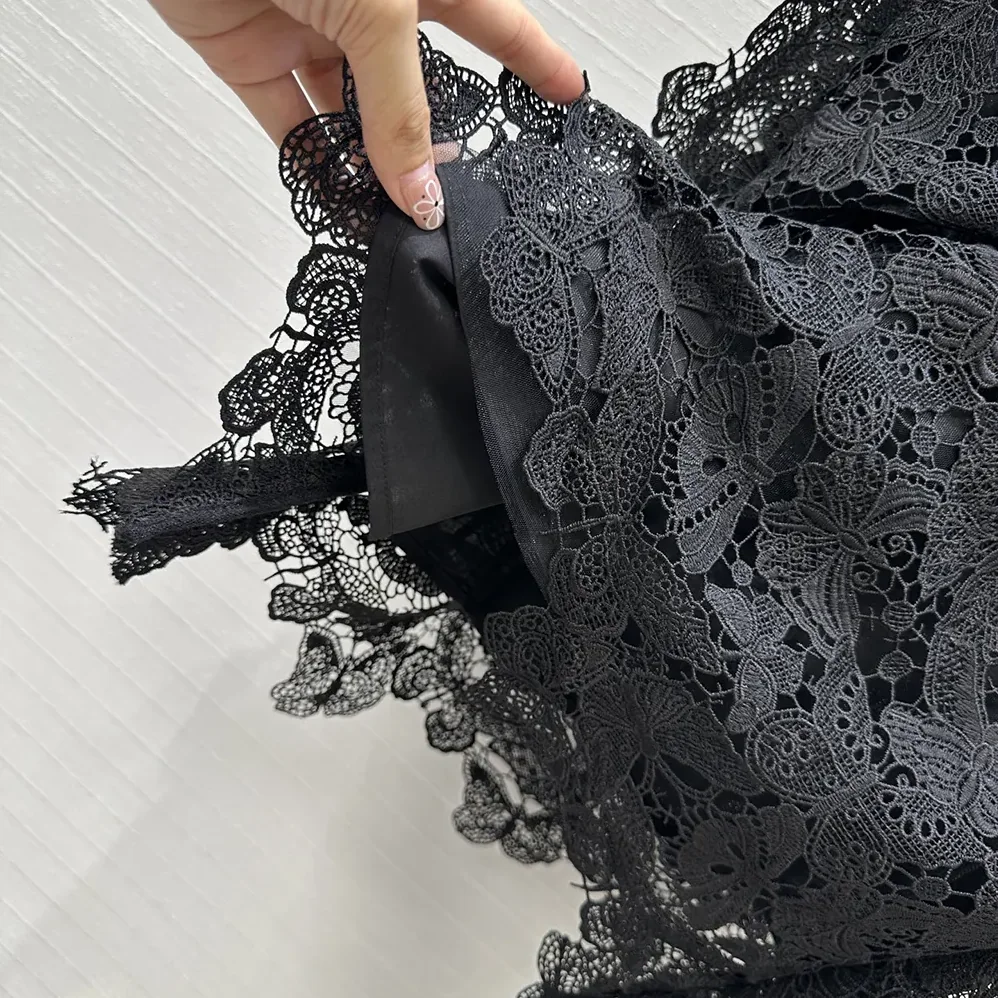 Dior Mid-Length Skirt Black Cotton-Blend Lace with Allover Butterfly Motif for Women