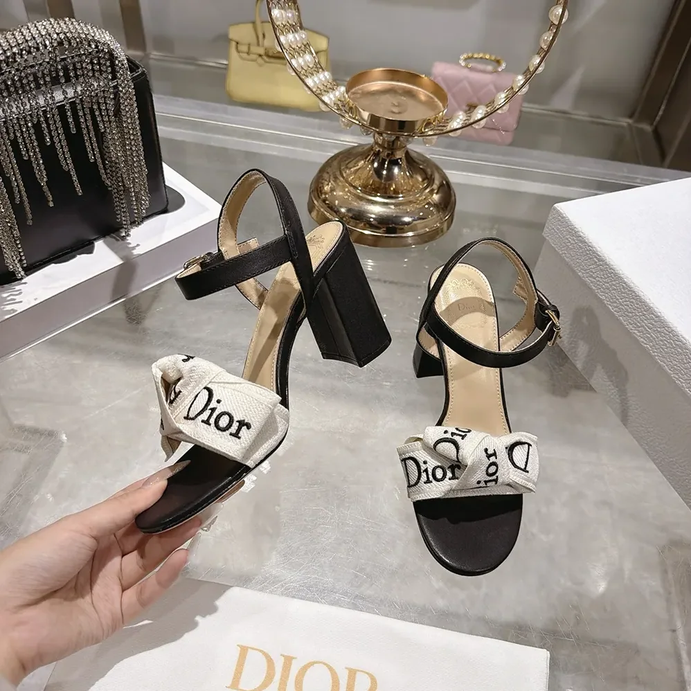 Dior J'Adior Heeled Sandal Embroidered Cotton and Black Lambskin for Women Dior J'Adior Heeled Sandal Embroidered Cotton and Black Lambskin for Women