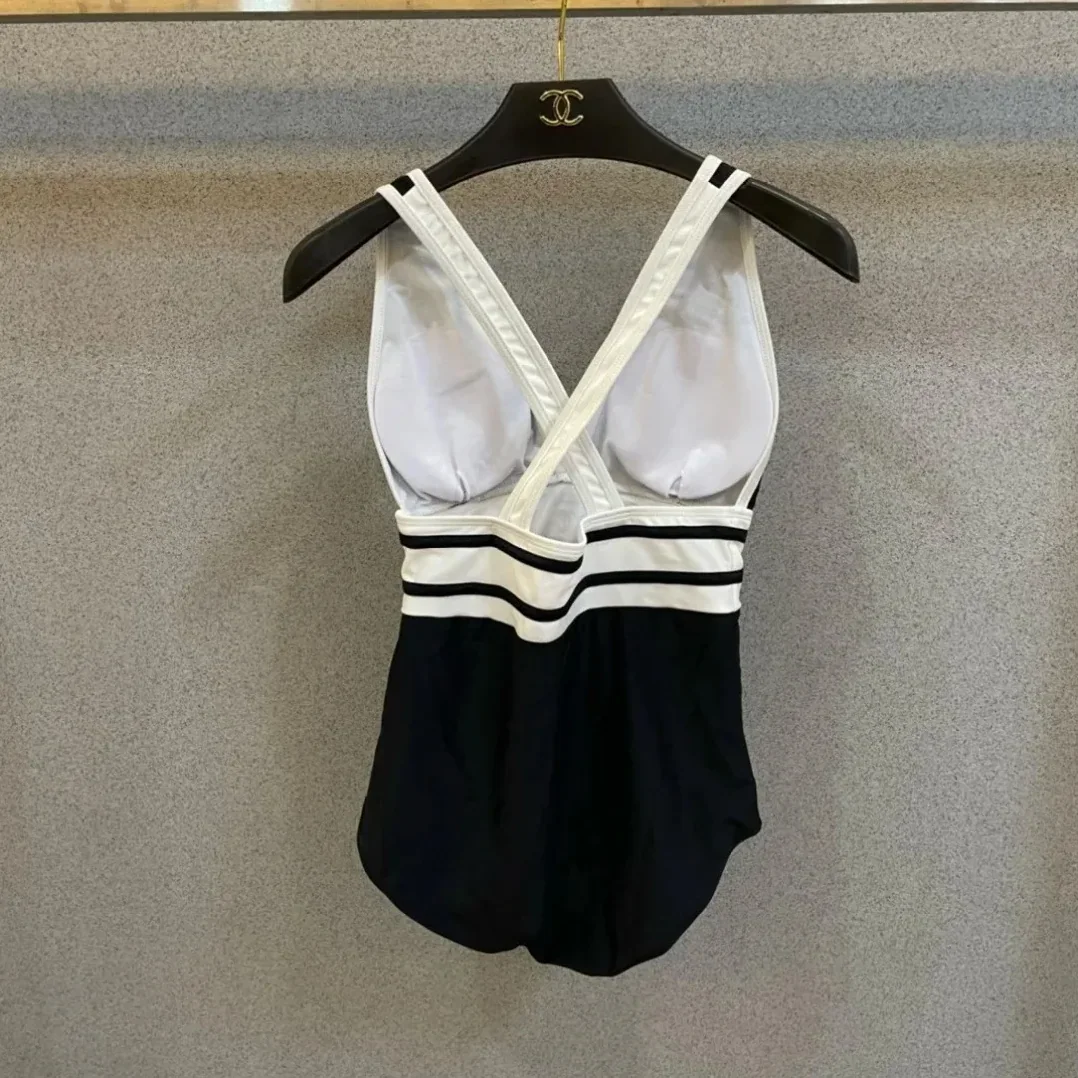 Chanel Striped V-Neck One in Piece Swimsuit Black