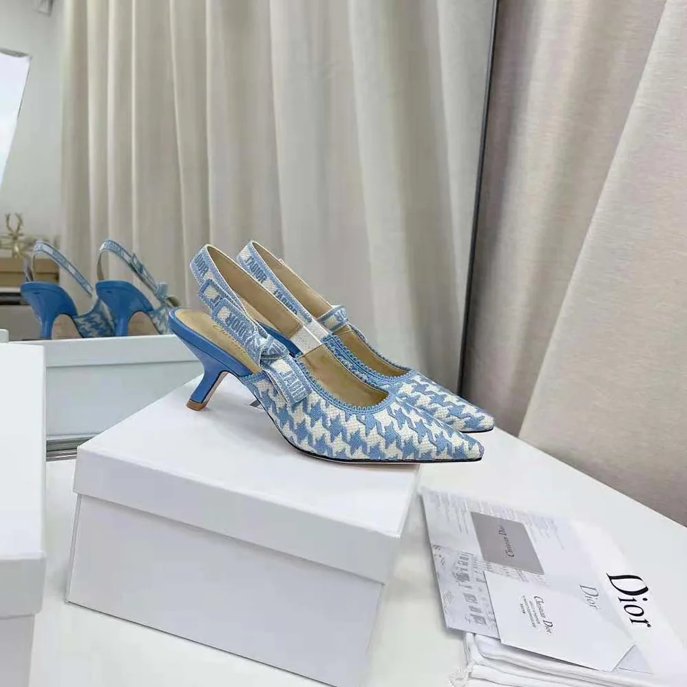 Dior J Adior Slingback Pump Cornflower Blue Cotton Embroidery with Micro Houndstooth Motif for Women Dior J Adior Slingback Pump Cornflower Blue Cotton Embroidery with Micro Houndstooth Motif for Women