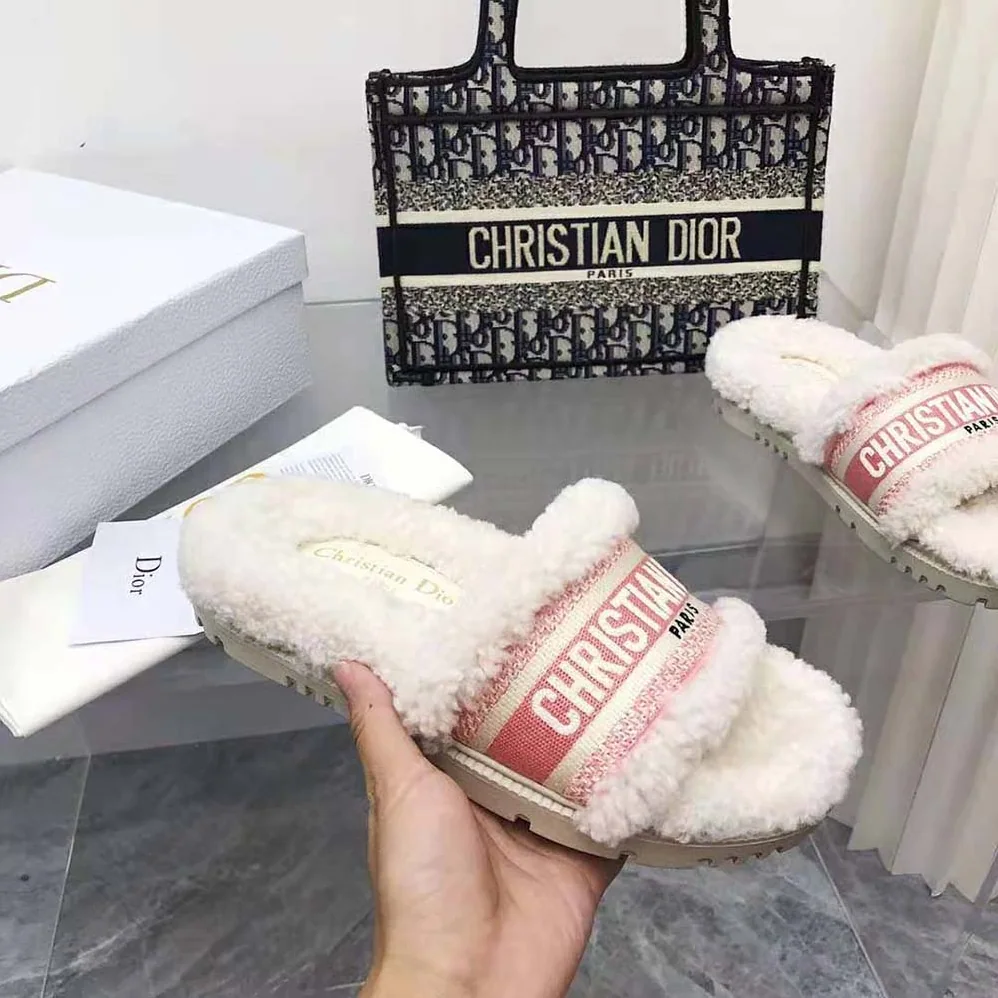 Dior Dway Slide Peony Pink Embroidered Cotton and White Shearling for Women