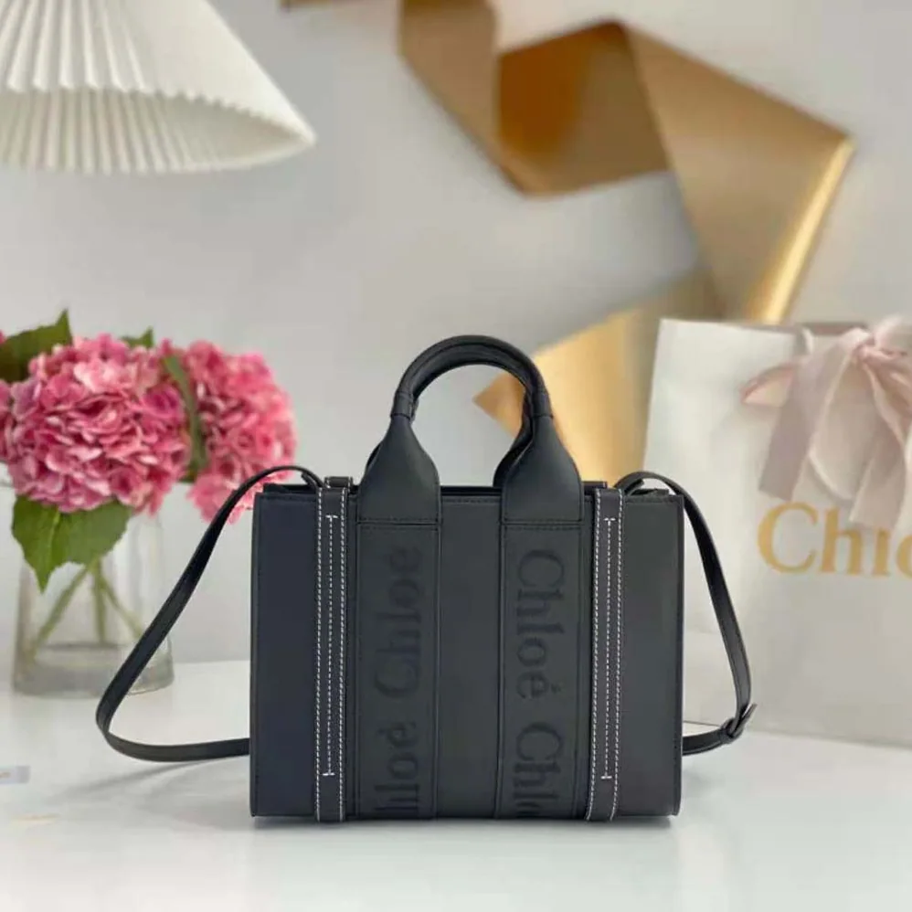 Chloe Small Woody Tote Bag with Embroidered Chloé Logo for Women in Black Chloe Small Woody Tote Bag with Embroidered Chloé Logo for Women in Black