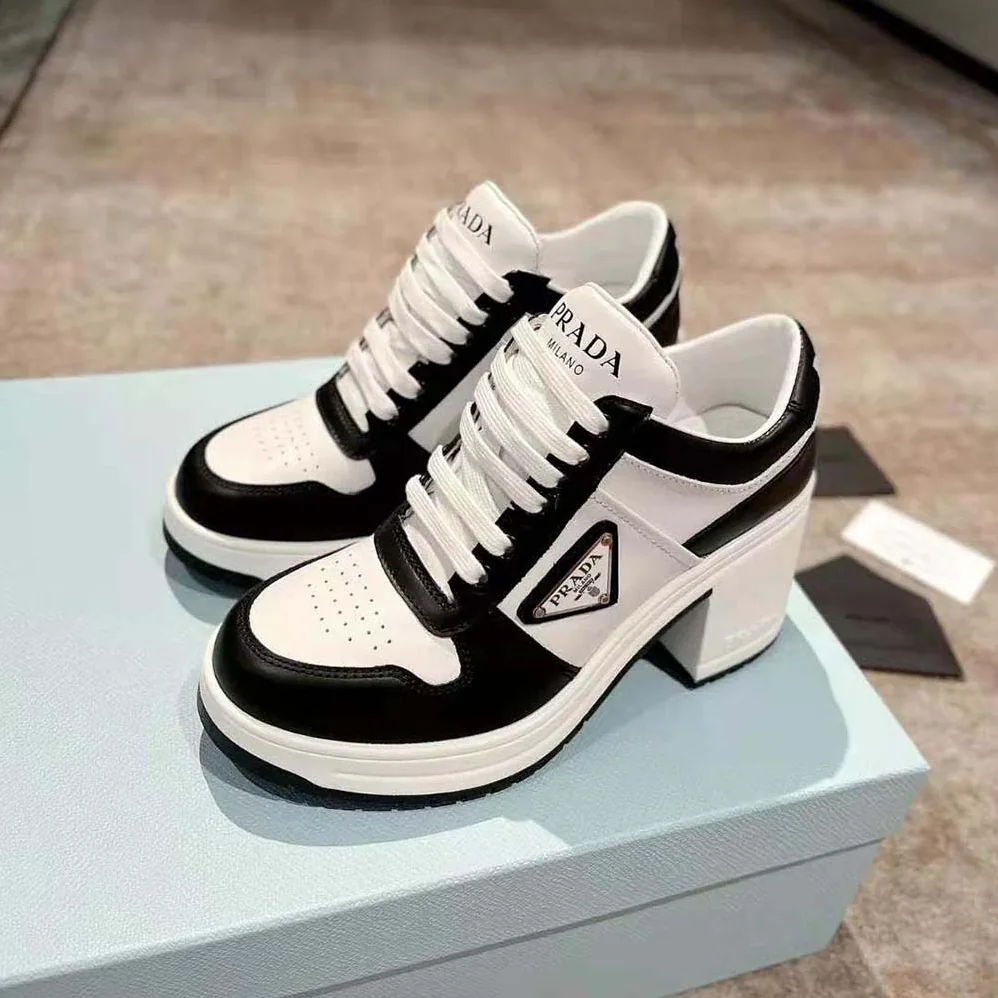 Prada Downtown High-Heeled Leather Sneakers for Women in Black
