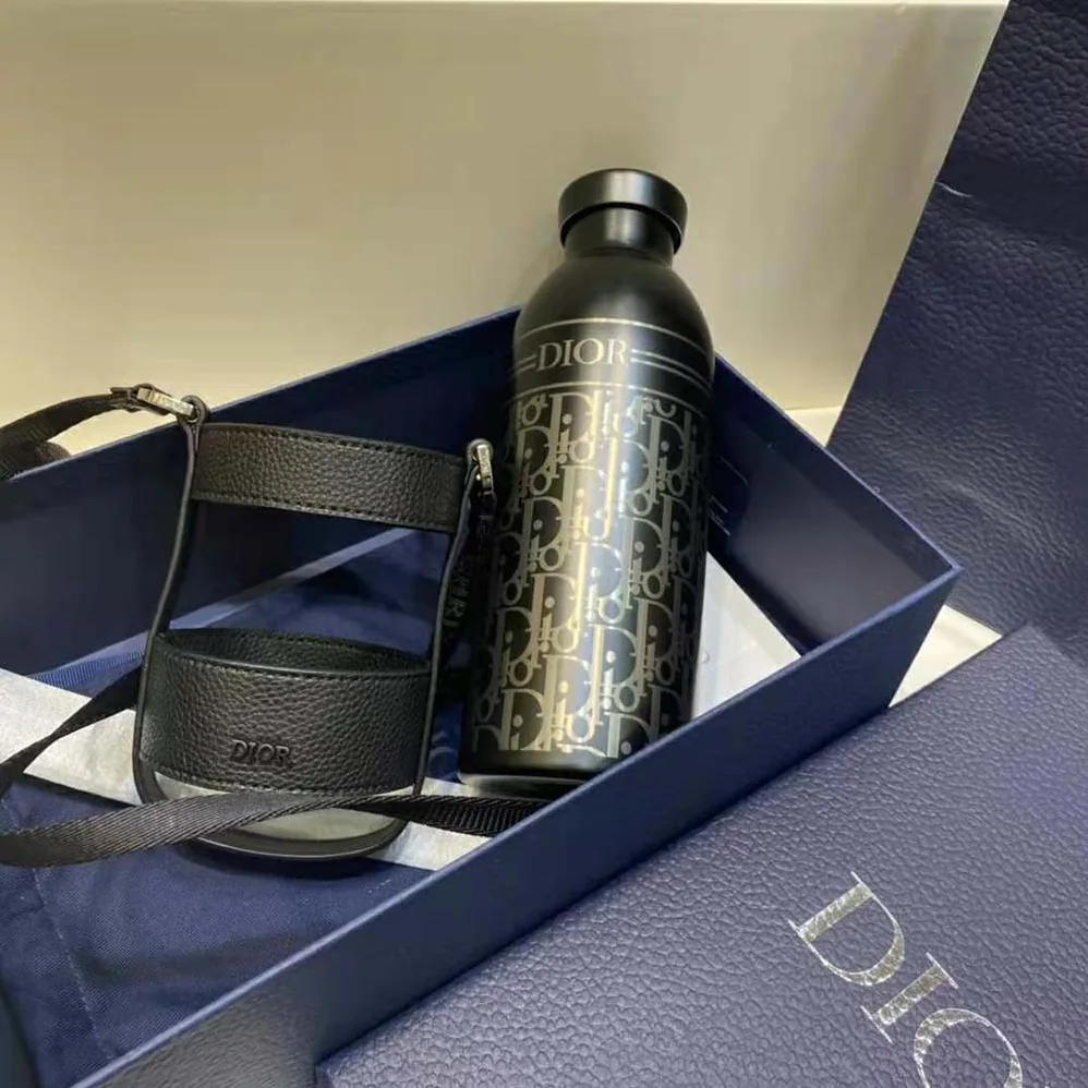 Dior Aqua Bottle with Shoulder Strap Black Grained Calfskin and Dior Oblique Stainless Steel for Unisex