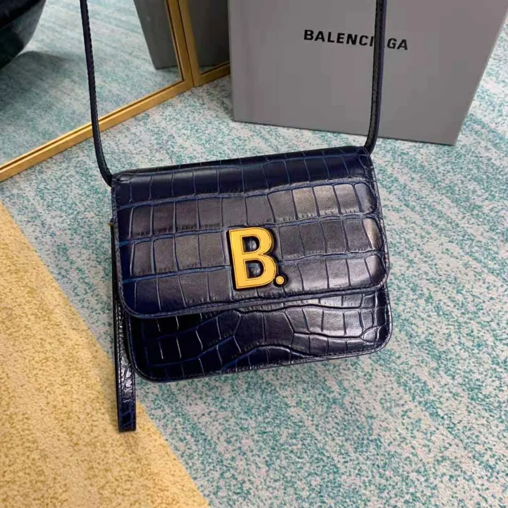 Balenciaga B. Small Bag in Black Crocodile Embossed Calfskin for Women in Navy