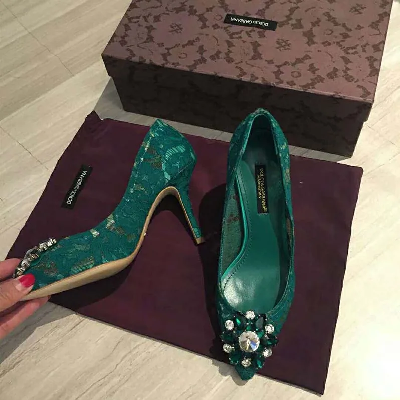 Dolce Gabbana D&G Shoes Pump in Taormina Lace with Crystals 90mm Heel for Women in Green Dolce Gabbana D&G Shoes Pump in Taormina Lace with Crystals 90mm Heel for Women in Green