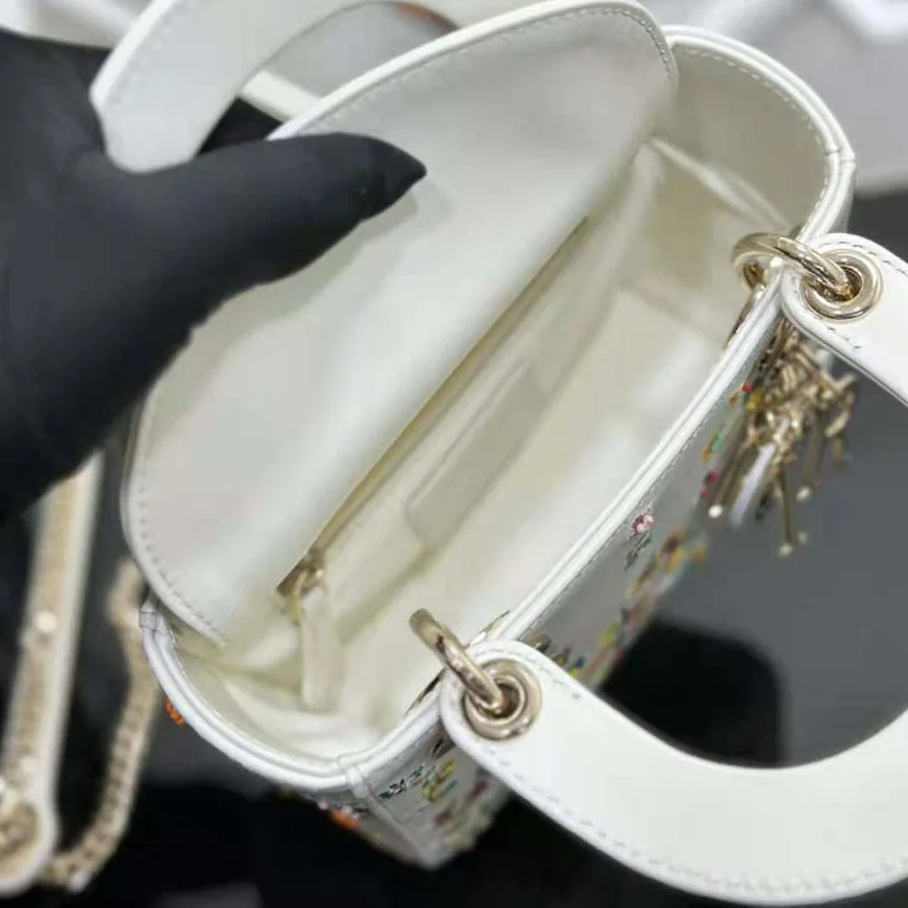 Dior Mini Lady Dior Bag Latte Calfskin Embroidered with Multicolor Small Flowers for Women