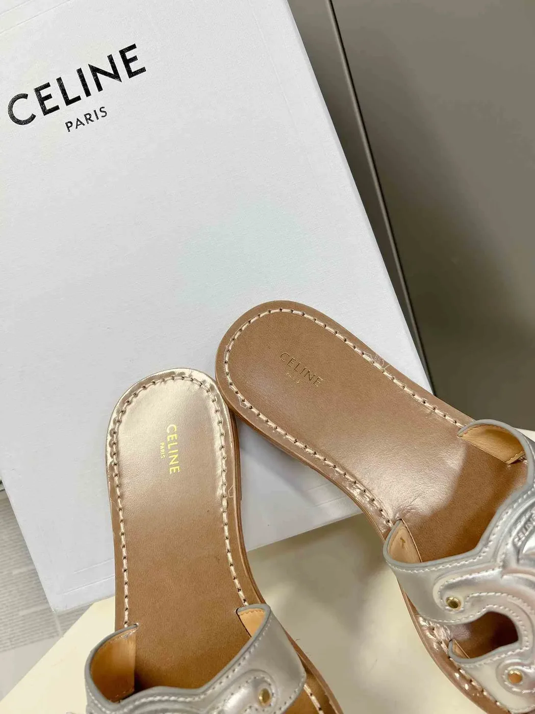 Celine Triomphe Mule In Metalized Sliver Tone .36PN Celine Triomphe Mule In Metalized Sliver Tone .36PN