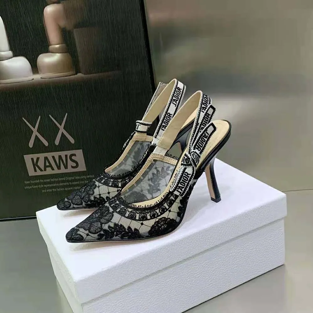 Dior J'Adior Slingback Pump Black Transparent Mesh Embroidered with Dior Roses Motif for Women