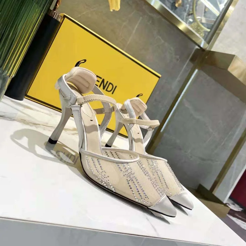 Fendi Colibri Pink Mesh High-Heeled Slingbacks with Rhinestone Embroidery for Women Fendi Colibri Pink Mesh High-Heeled Slingbacks with Rhinestone Embroidery for Women