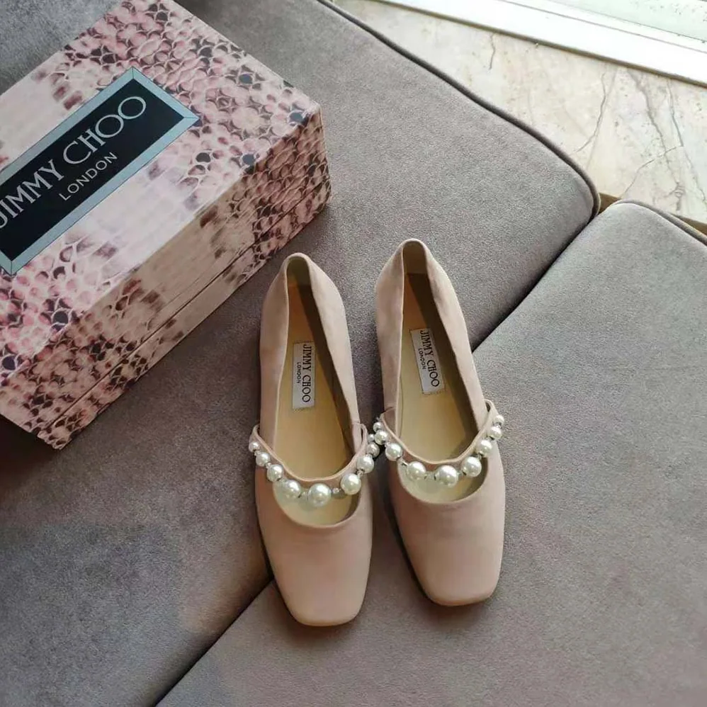Jimmy Choo Ade Flat Ballet Pink Suede Flats with Pearl Embellishment for Women Jimmy Choo Ade Flat Ballet Pink Suede Flats with Pearl Embellishment for Women