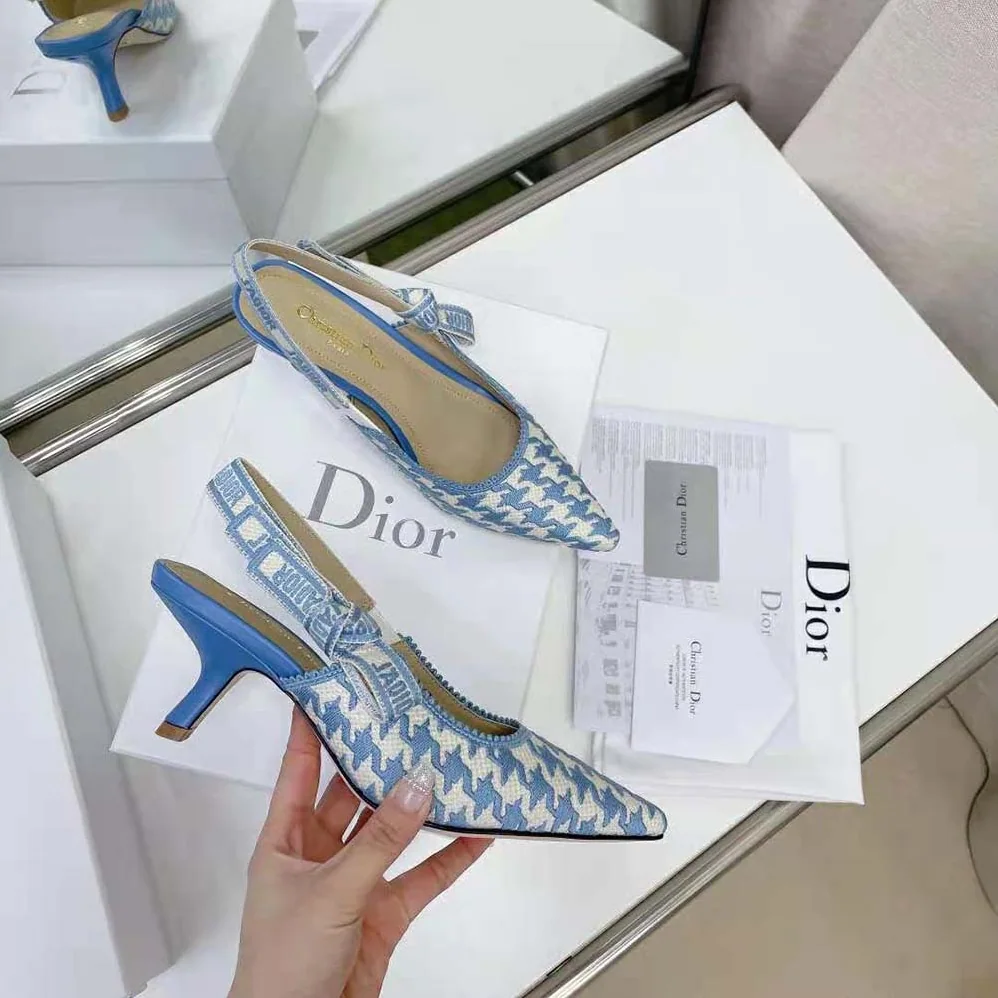 Dior J Adior Slingback Pump Cornflower Blue Cotton Embroidery with Micro Houndstooth Motif for Women Dior J Adior Slingback Pump Cornflower Blue Cotton Embroidery with Micro Houndstooth Motif for Women