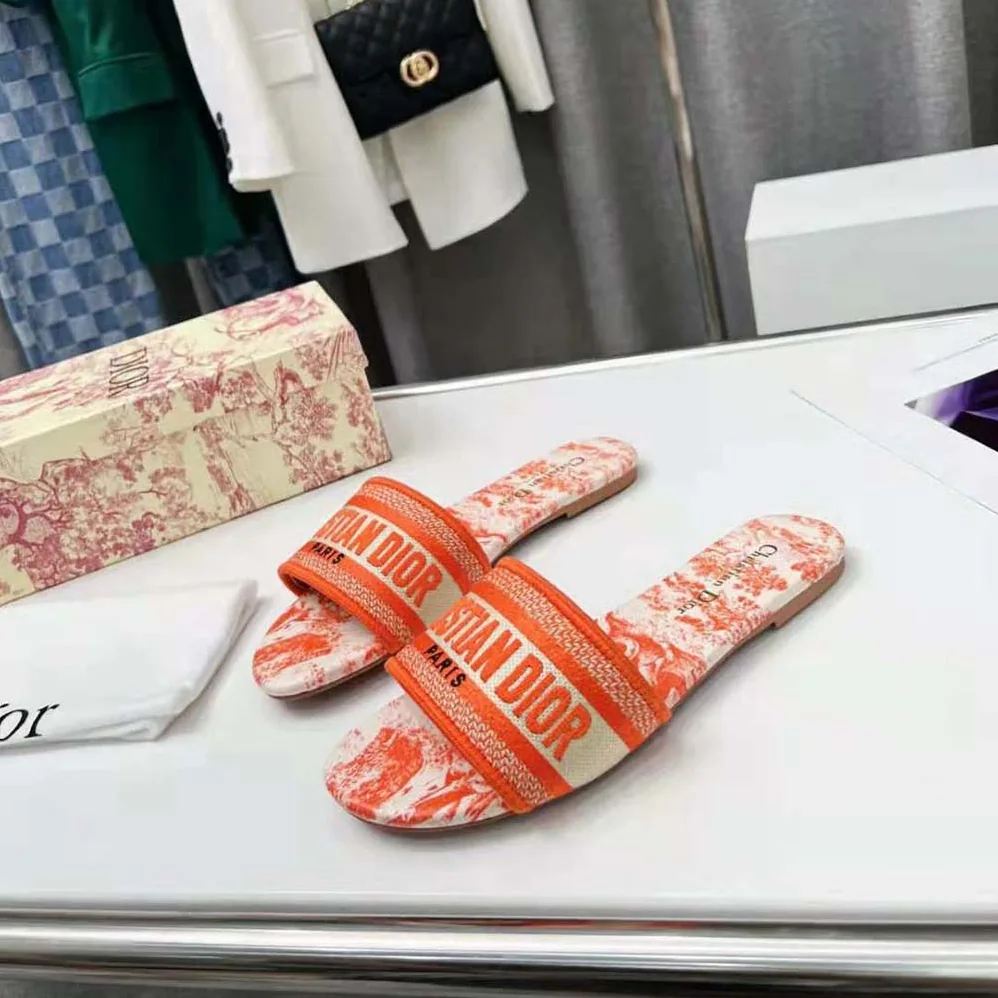 Dior Dway Slide Bright Orange Toile De Jouy Embroidered Cotton for Women