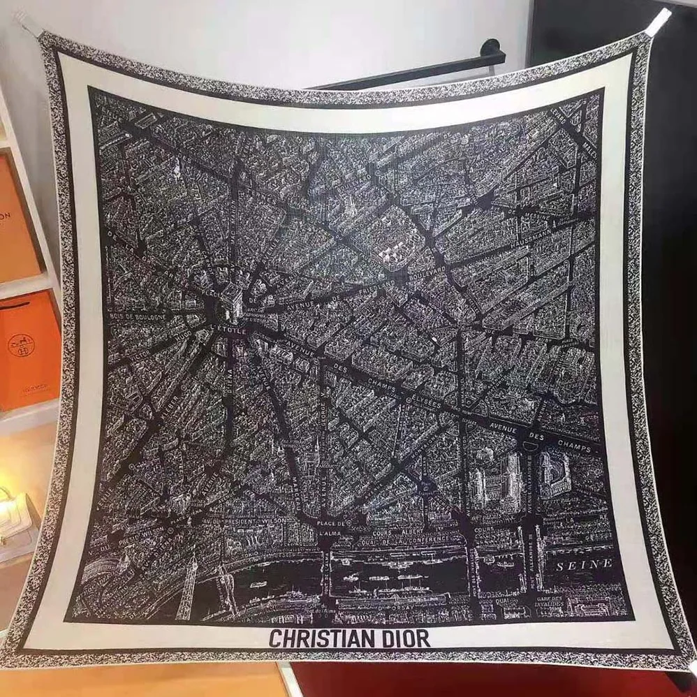 Dior Plan De Paris 90 Square Scarf Black and White Silk Twill for Women
