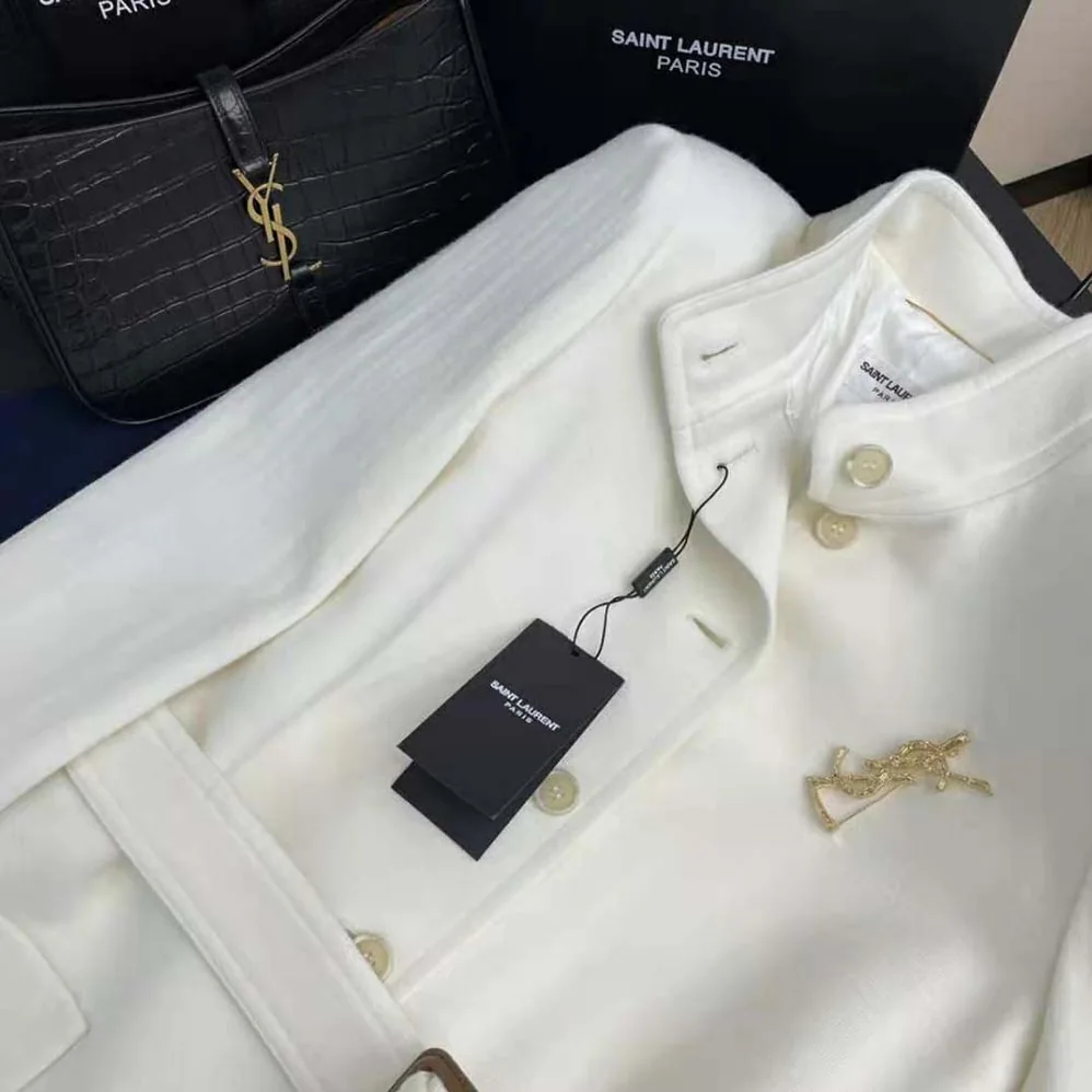 Saint Laurent YSL Long Belted Jacket in Wool Jersey for Women in White