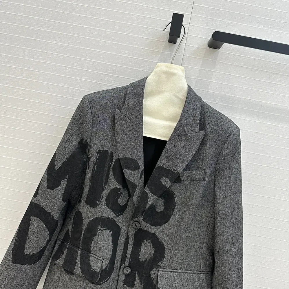 Dior Blazer Gray End-on-End Virgin Wool with Black Miss Dior Graffiti Motif for Women