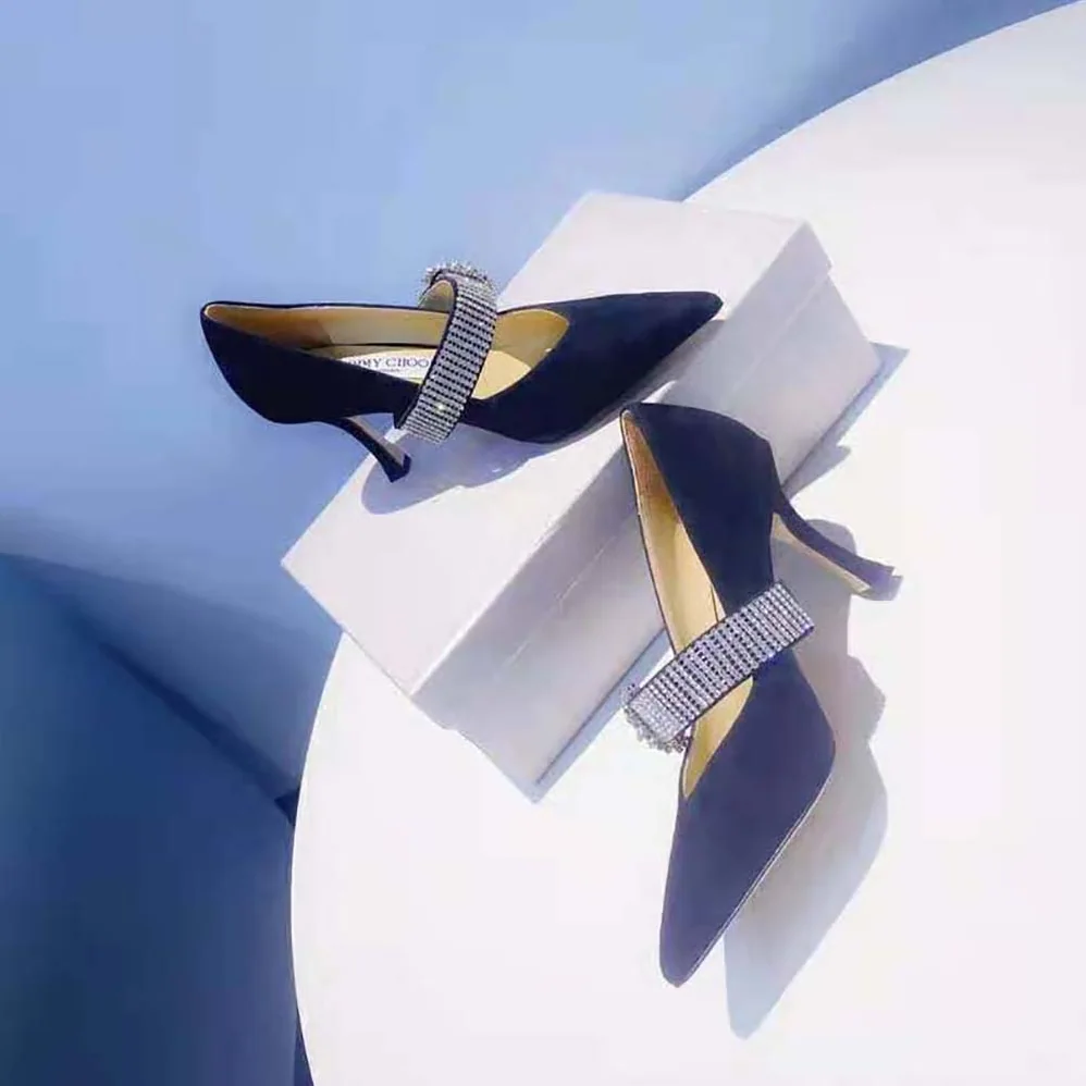Jimmy Choo Kari 90 Black Suede Pumps with Crystal for Women in Embellished Strap Jimmy Choo Kari 90 Black Suede Pumps with Crystal for Women in Embellished Strap