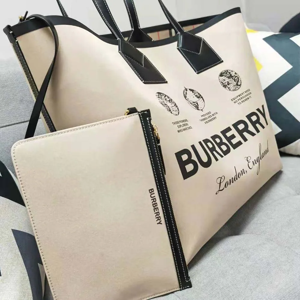 Burberry Label Print Cotton and Leather Large London Tote Bag for Women
