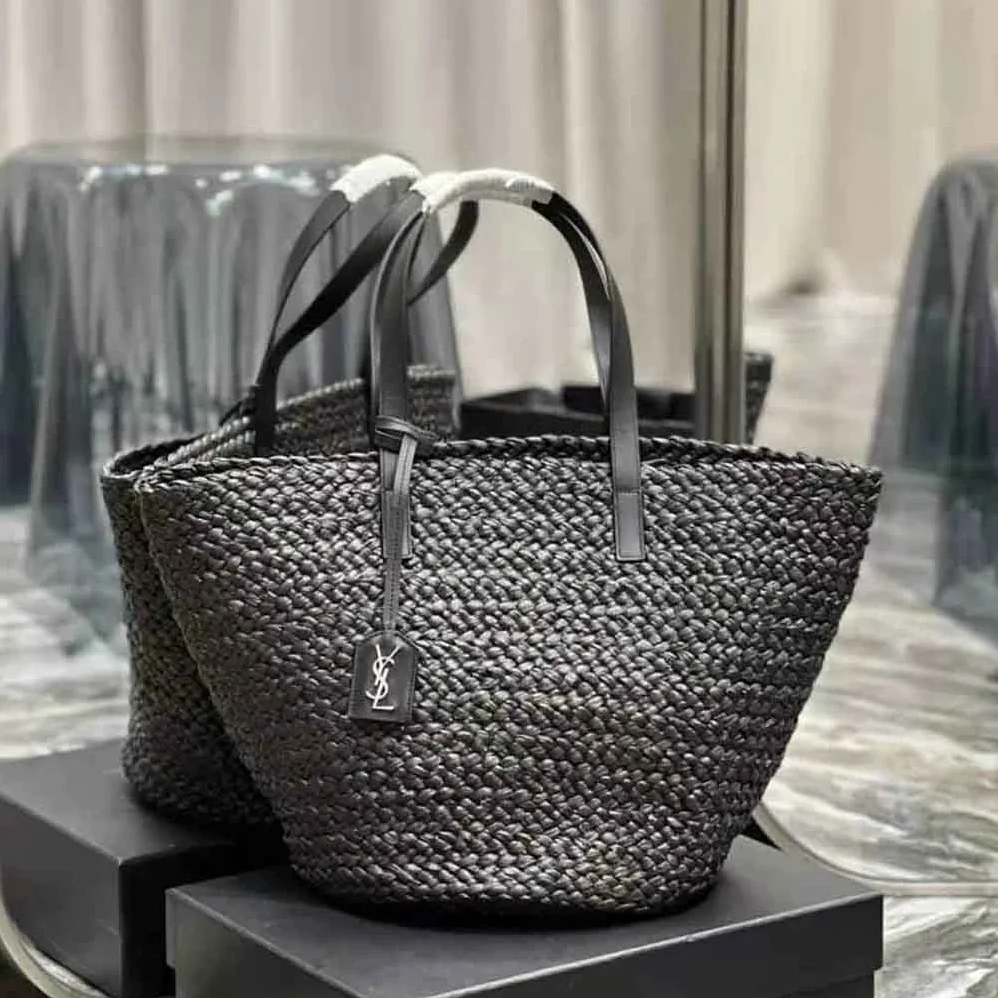 Saint Laurent YSL Panier Medium Bag in Raffia for Women in Black