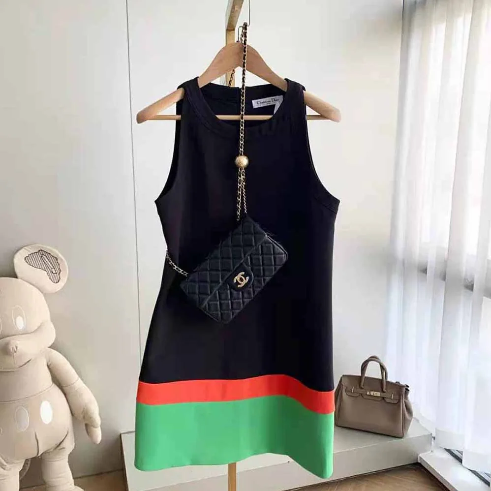Dior Short A-line Dress Black Fluorescent Orange and Bright Green Wool and Silk for Women