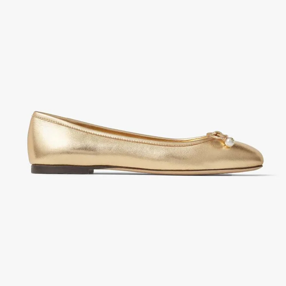 Jimmy Choo Elme Flat Gold Metallic Nappa Leather Flats with Pearl Embellishment for Women Jimmy Choo Elme Flat Gold Metallic Nappa Leather Flats with Pearl Embellishment for Women