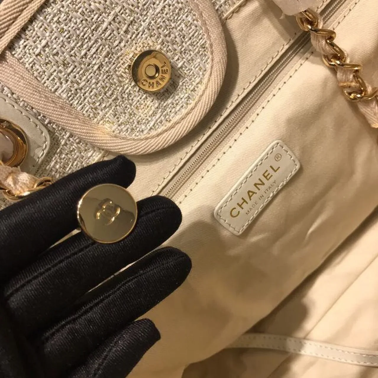 Chanel Deauville Tote Bag / Beige Tweed Canvas Gold Hardware