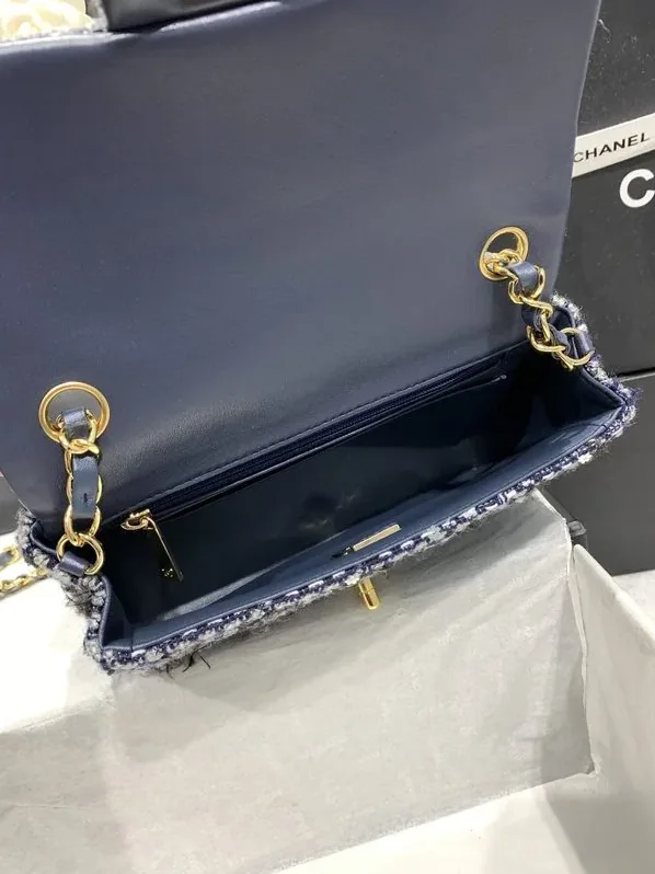Chanel Tweed Flap Bag Mini Crossbody in Dark Blue Gold Hardware Chanel Tweed Flap Bag Mini Crossbody in Dark Blue Gold Hardware