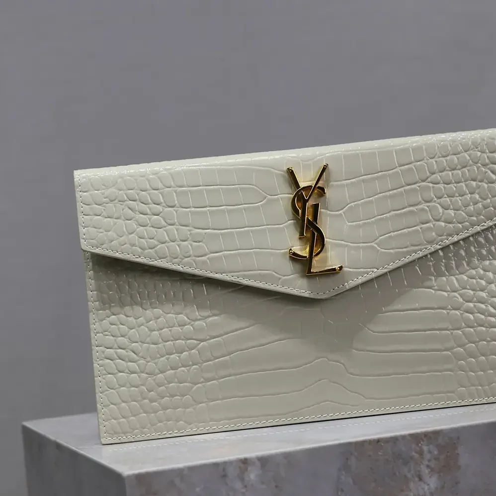 Saint Laurent YSL Uptown Pouch in Crocodile-embossed Shiny Leather for Women in White