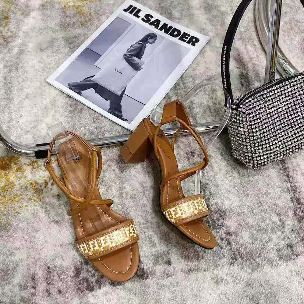 Fendi FF Interlace Brown Leather Sandals for Women
